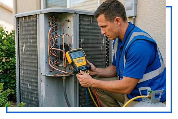 1 Ac Repair In Jacksonville Beach Florida tech performing AC repair diagnostics